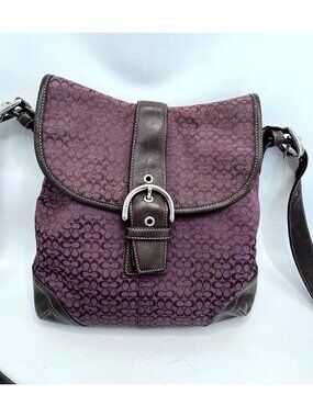 Coach Signature Purse Tote Purple Brown Crossbody Bag  Leather Trim  Adjustable